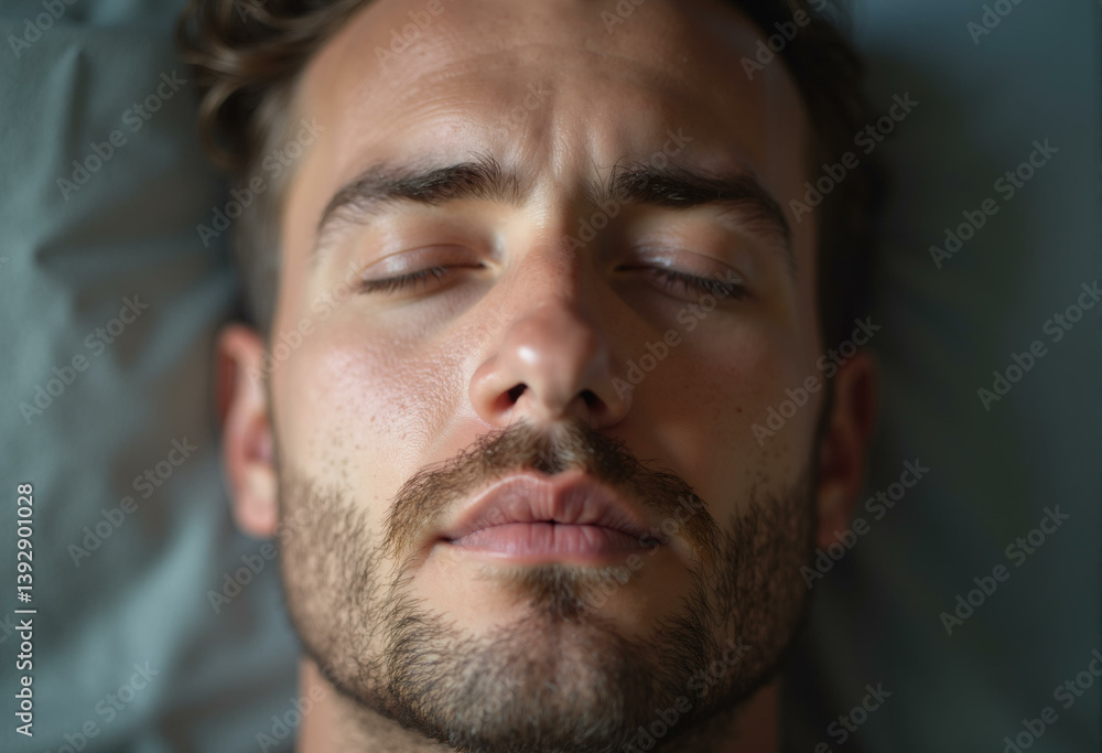 Fototapeta premium Man with eyes closed closeup. Young man with concentrated face expression, meditating and taking a deep breath. No stress concept
