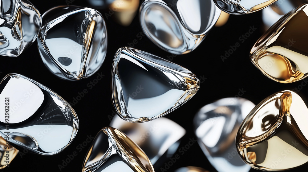 Polished gold, silver, metal, steel free form curve shapes objects 3D asset floating in dark background. Polished gold, silver, metal, steel free form curve shapes objects 3D asset floating in dark background.
