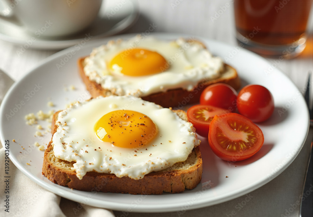 Toasted bread with eggs. Sunny side eggs with wholegrain toasts, delicious healthy breakfast, gourmet brunch with organic food. Tasty homemade meal Toasted bread with eggs. Sunny side eggs with wholegrain toasts, delicious healthy breakfast, gourmet brunch with organic food. Tasty homemade meal