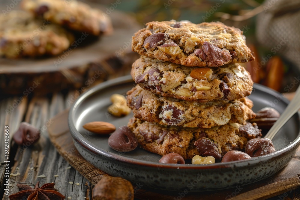 Fototapeta premium Deliciously baked cookies golden brown treats with chocolate chips and nuts awaiting indulgence