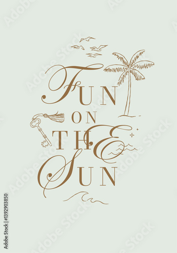 Obraz na płótnie Summer poster lettering fun on the sun with seagulls palm tree key and waves drawing on turquoise background w salonie