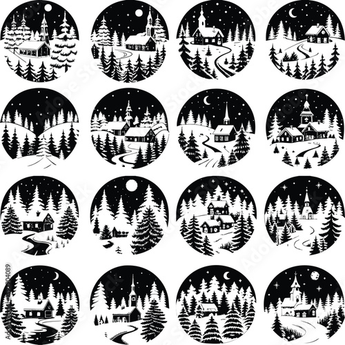 Christmas village silhouette  winter village scenes
