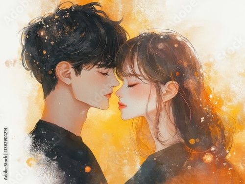 A man and woman are kissing in a painting
