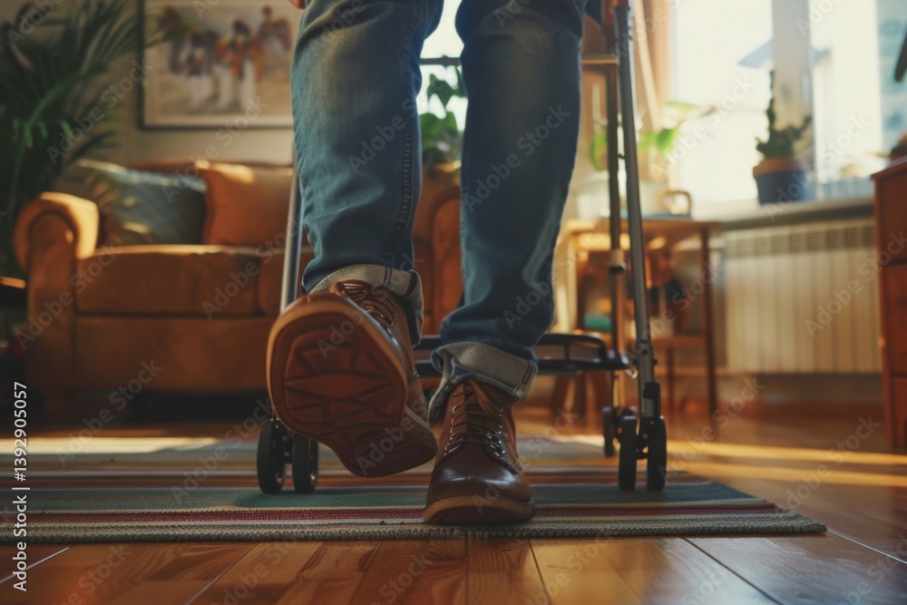 Closeup of Feet Using Walking Aids in a Living Room, senior using walker equipment with assist Closeup of Feet Using Walking Aids in a Living Room, senior using walker equipment with assist