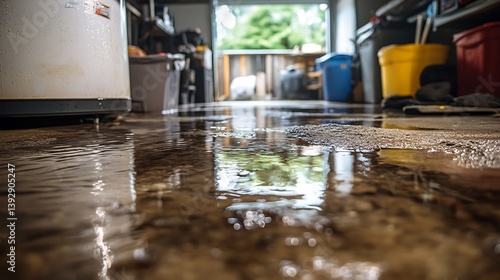 Water covers the garage floor with a reflection of outdoors