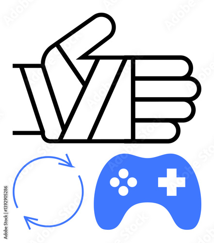 Bandaged hand signifying injury support alongside cycle arrows for recovery and a game controller implying therapeutic gaming. Ideal for health, wellness, injury recovery, physical therapy, gaming