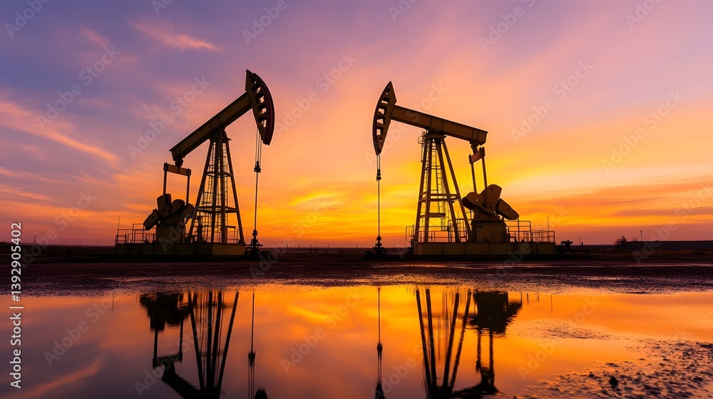 Obraz premium Silhouetted Oil Pumpjacks at Dramatic Sunset with Reflected in Puddle