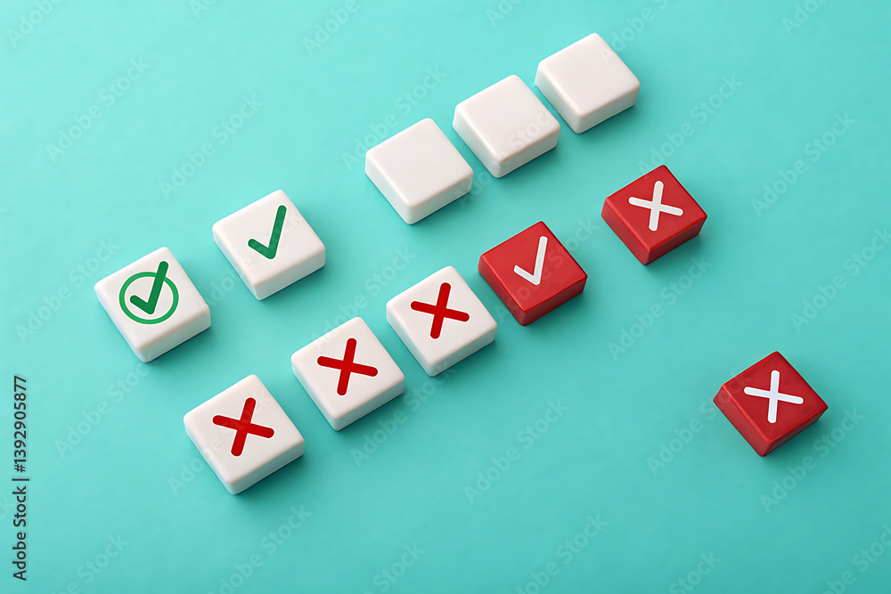 Obraz premium incomplete. completion. issue – Red and White Blocks, Green Check Marks, Red X Symbols on Turquoise Flat Lay Background for Assessment, Voting, and Business Concept Design