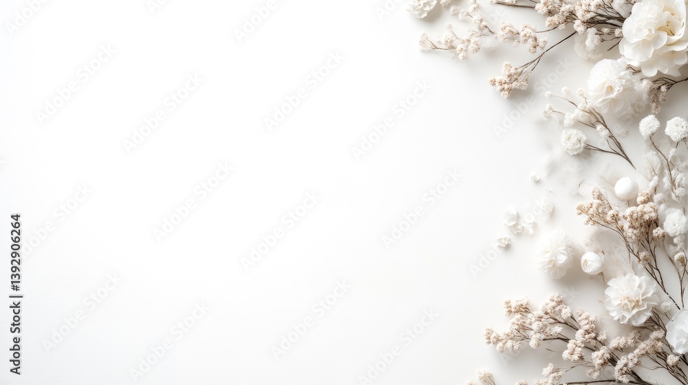 Fototapeta premium Delicate white flowers and sprigs arranged on a pristine white background. Soft, neutral tones create a calming and elegant aesthetic