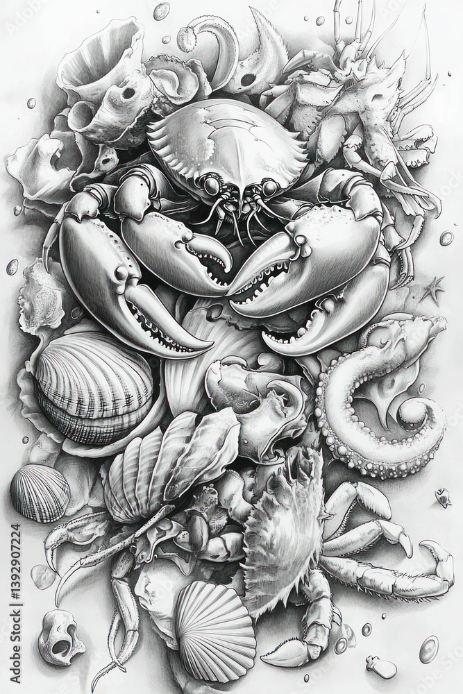 Obraz premium Monochrome illustration of a crab amidst various seashells and marine creatures.