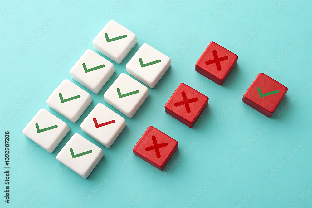 Obraz premium incomplete. completion. issue – Red and White Blocks, Green Check Marks, Red X Symbols on Turquoise Flat Lay Background for Assessment, Voting, and Business Concept Design