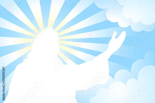 Miracle ascension of Jesus Christ in the blue clouds background