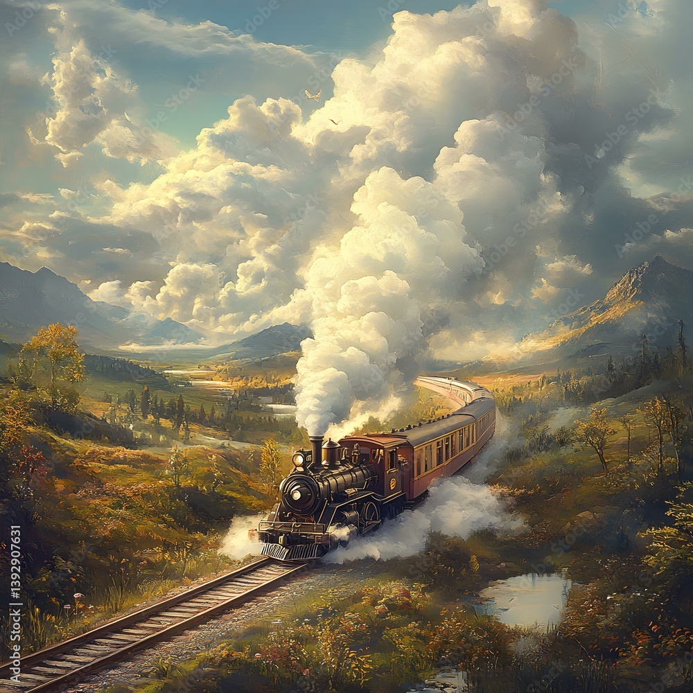 Obraz premium Vintage Steam Train Journey Through Autumnal Landscape