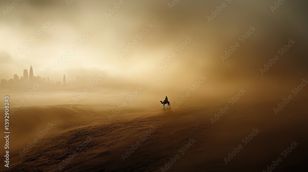 Man riding a camel in sand storm in a dry desert.