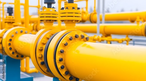 Close-up View of Large Industrial Yellow Pipelines and Valves Against Bright Sky