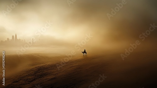 Obraz na płótnie Man riding a camel in sand storm in a dry desert. w salonie