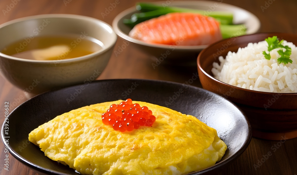 A japanese set menu of omelette with rice and ikura on top. A japanese set menu of omelette with rice and ikura on top.