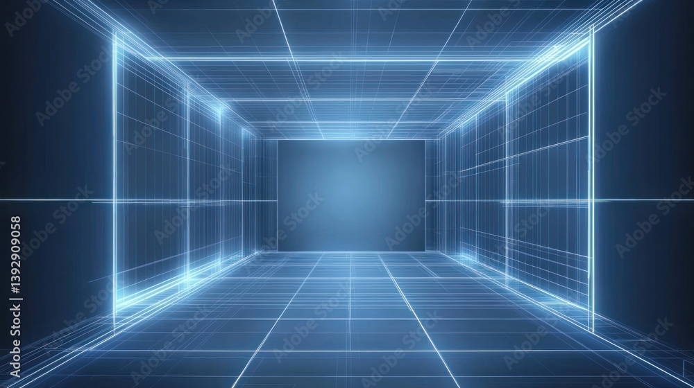 Abstract glowing blue digital cube room. Abstract glowing blue digital cube room.