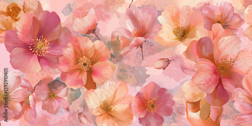 Watercolor floral pattern in soft pastel tones with blooming petals
