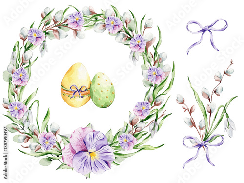 Set with colorful Easter eggs, leaves, a bow and a bouquet of snowdrops, willow and violets on a white background.