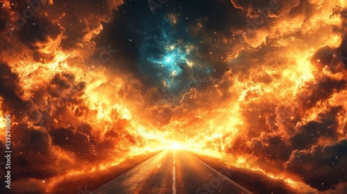 Fiery road leading toward a vibrant, swirling nebula. Intense orange and gold flames frame a cosmic pathway. Dramatic and otherworldly