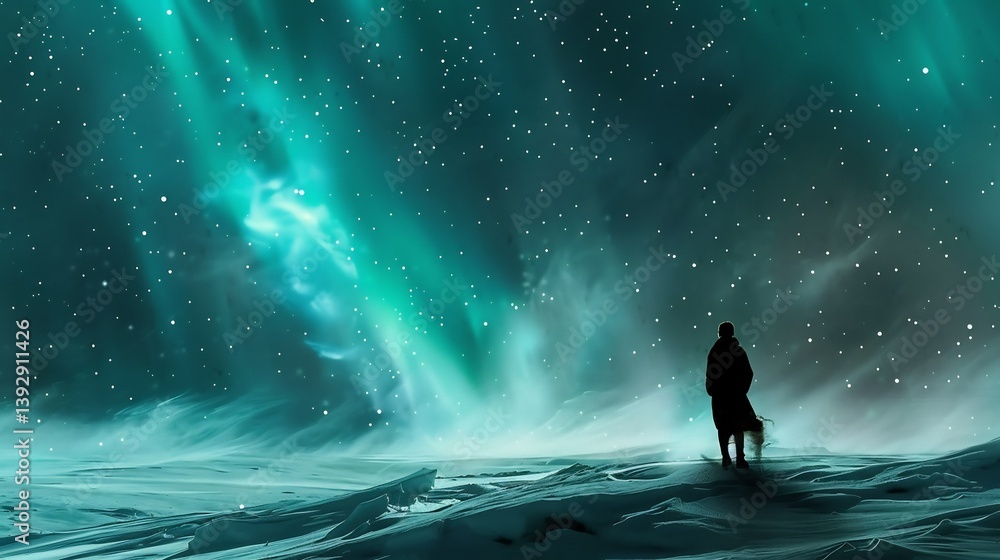 Obraz premium Silhouette of a hiker on an icy glacier watches the aurora borealis dance alongside a million stars The frozen landscape reflects the cosmic glow adding an ethereal touch to the stargazing moment