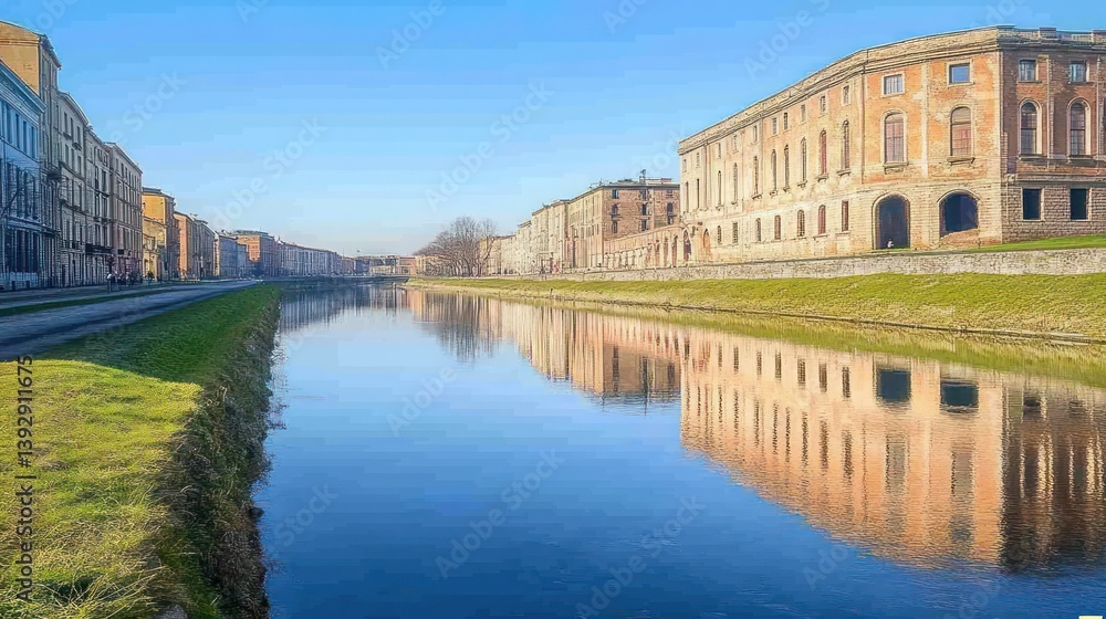 Calm canal reflecting historic buildings under a clear blue sky. Calm canal reflecting historic buildings under a clear blue sky.