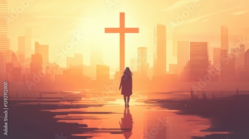 Minimalist illustration of a woman walking towards a large cross against an abstract cityscape, symbolizing faith and spiritual journey.