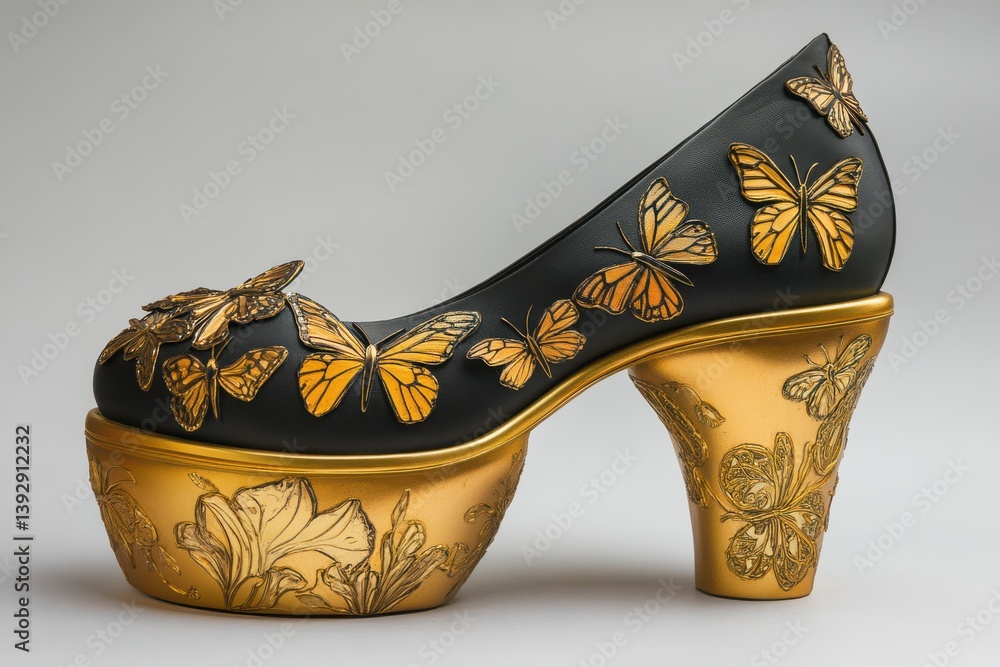 Obraz premium Exquisite black and gold high heel with intricate butterfly designs reflects artistic elegance and creativity in footwear fashion