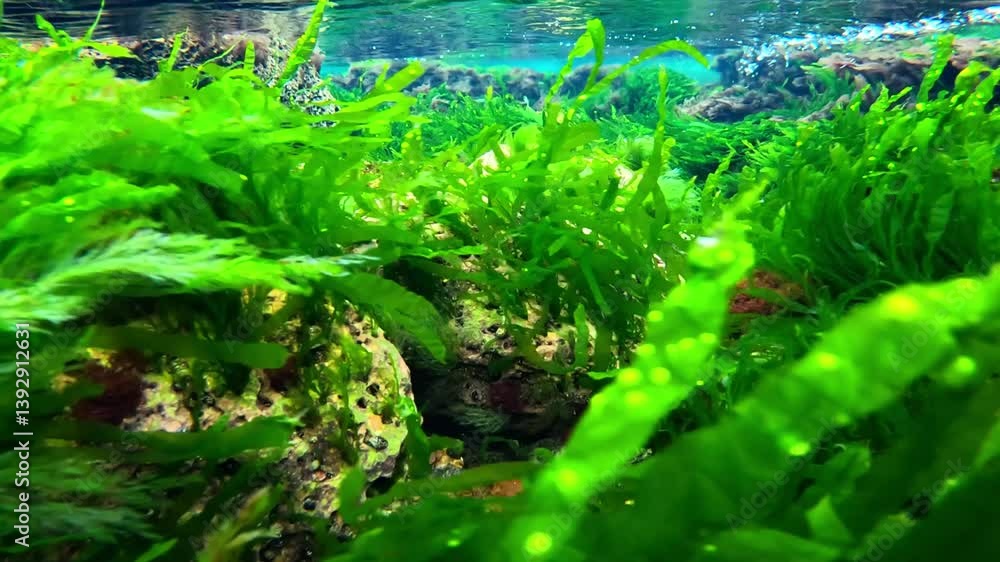 Underwater landscape near the shore with green algae Enteromorpha sp. and red algae Porphyra, Ceramium rubrum in the Black Sea, Odessa Underwater landscape near the shore with green algae Enteromorpha sp. and red algae Porphyra, Ceramium rubrum in the Black Sea, Odessa