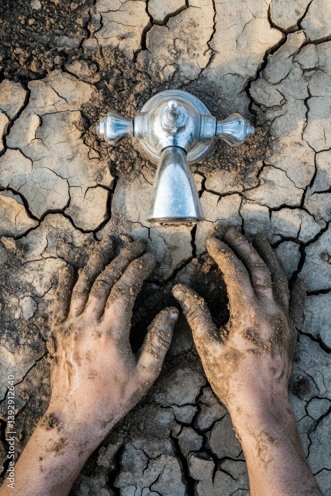 Hand and water faucet over cracking land. Desperate, sad. Lifeless. Hopeless. Drought.
