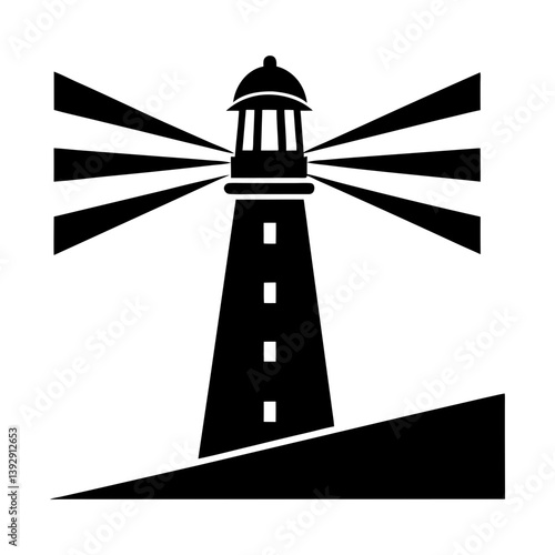 Black and white lighthouse vector illustration with light beams for graphic design silhouette