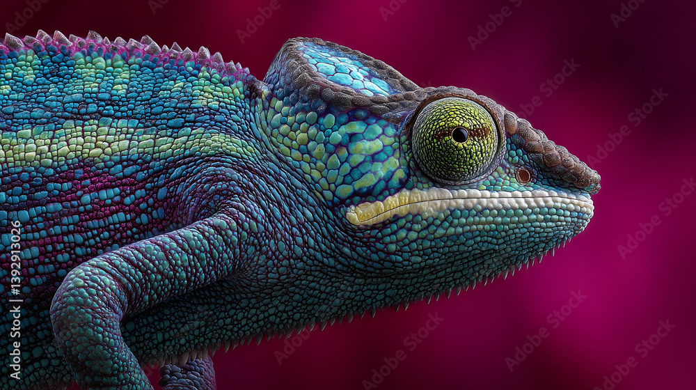 Fototapeta premium Close-up of chameleon, teal, purple, green scales, textured skin, profile view against maroon background, showcasing unique reptile detail