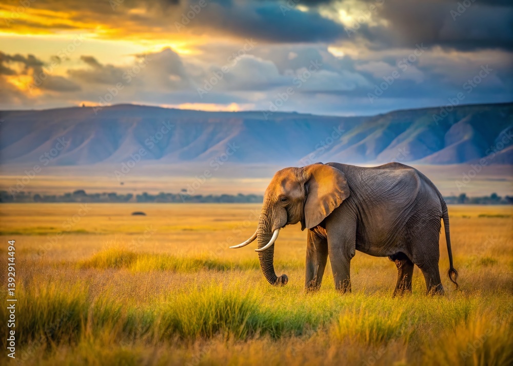 Fototapeta premium Majestic African Elephant Grazing in the Serengetis Ngorongoro Crater A Stunning Wildlife Encounter in Tanzania