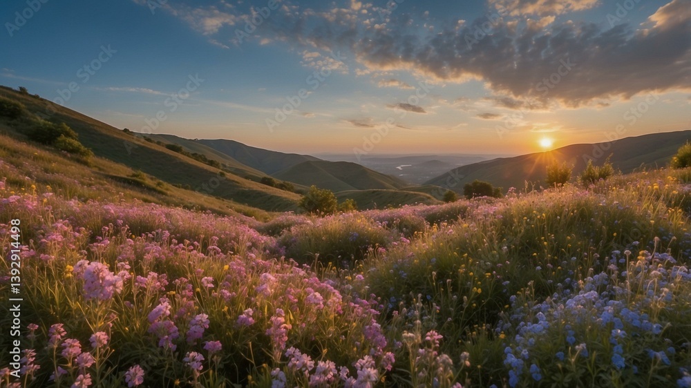 Fototapeta premium Serene Sunrise Over Wildflower-Covered Hills