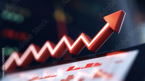 Financial strategist presenting profitable stock investment decisions with a sleek red and white market trend arrow pointing upwards.