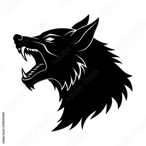 Angry black wolf head vector illustration howling with sharp teeth graphic design art silhouette