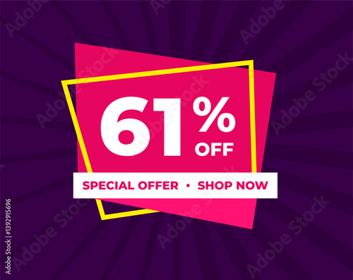 61% off, sixty one percent, special offer, shop now. Background Label. Purple and pink. Discount special offer. Modern concept design. Vector illustration.