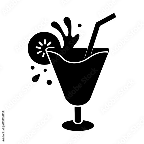 Refreshing summer cocktail drink with straw and lemon slice vector illustration art silhouette