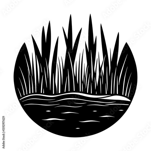 Black and white vector illustration of swamp grass reeds and water in circle shape art silhouette