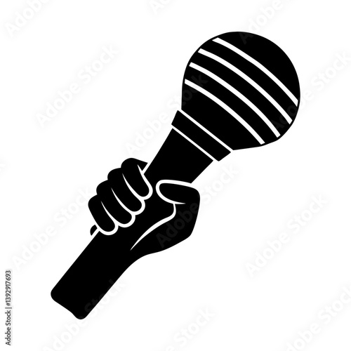 Hand holding microphone vector illustration for karaoke night and open mic performance silhouette