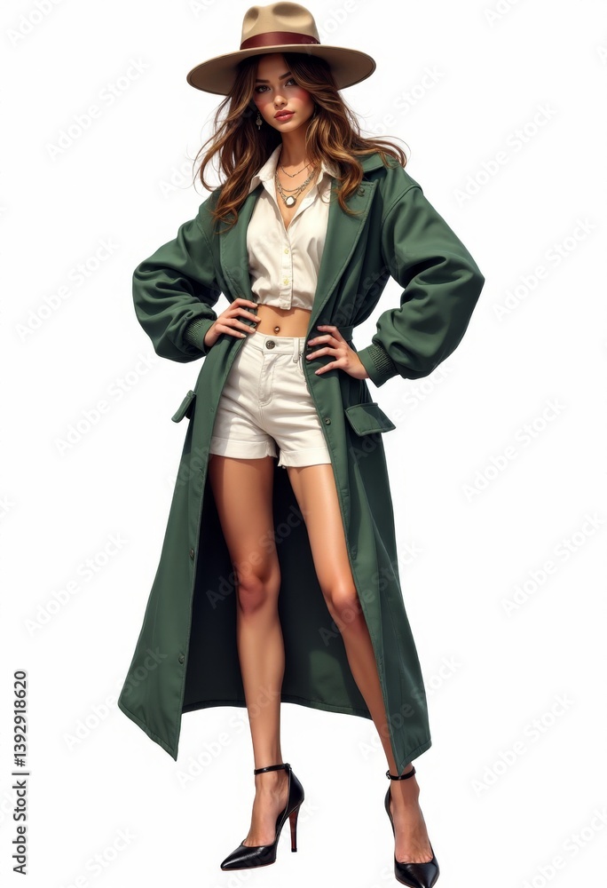 a woman standing in a white background wearing a green trench coat and white shorts, with a hat completing her look a woman standing in a white background wearing a green trench coat and white shorts, with a hat completing her look