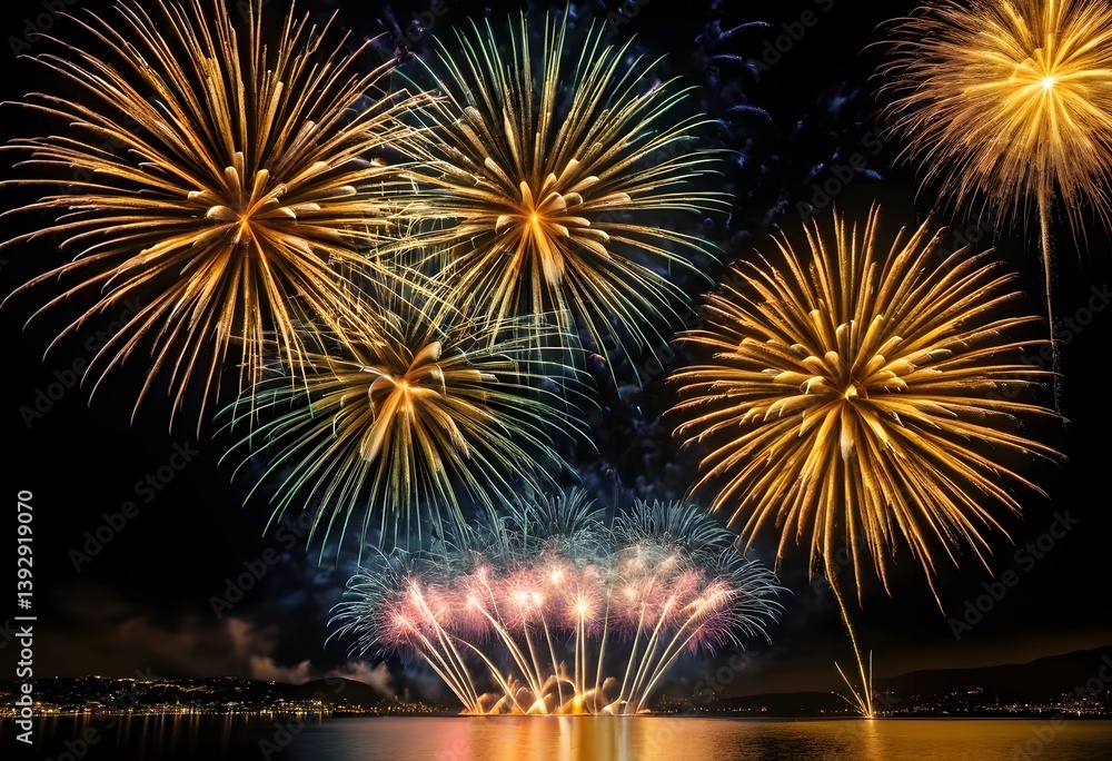 Golden Fireworks Explode In The Night Sky. A Beautiful Display, Shimmering Light Radiates. Celebratory Moments, Joy And Excitement Fill The Dark. Festive Wonder. Golden Fireworks Explode In The Night Sky. A Beautiful Display, Shimmering Light Radiates. Celebratory Moments, Joy And Excitement Fill The Dark. Festive Wonder.