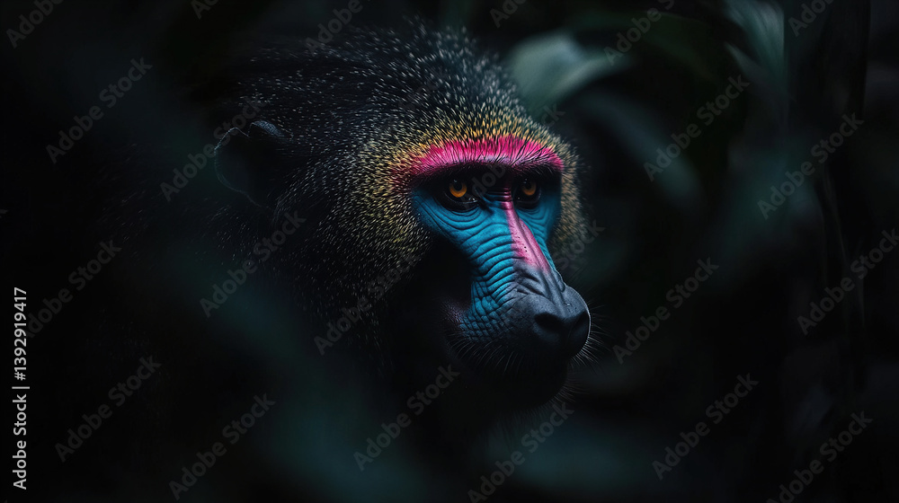 Fototapeta premium Sloth Bear Mandrill Hybrid: Colorful Creature, Exotic Animal Fusion, Unique Wildlife Art, Fantasy Beast Design, Hybrid Animal Concept, Imaginative Zoology, Unusual Species Illustration 