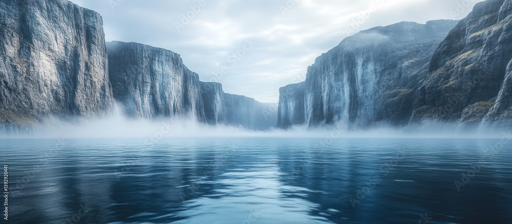 Fototapeta premium Misty fjord waterfalls, tranquil water, calm background, travel poster