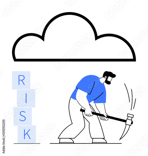 Man with a pickaxe breaking blocks labeled risk beneath a cloud. Ideal for risk management, problem-solving, decision-making, teamwork, business resilience, strategic planning, abstract line flat