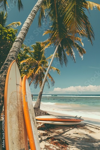 Two surfboards are leaning against a palm tree on a beach