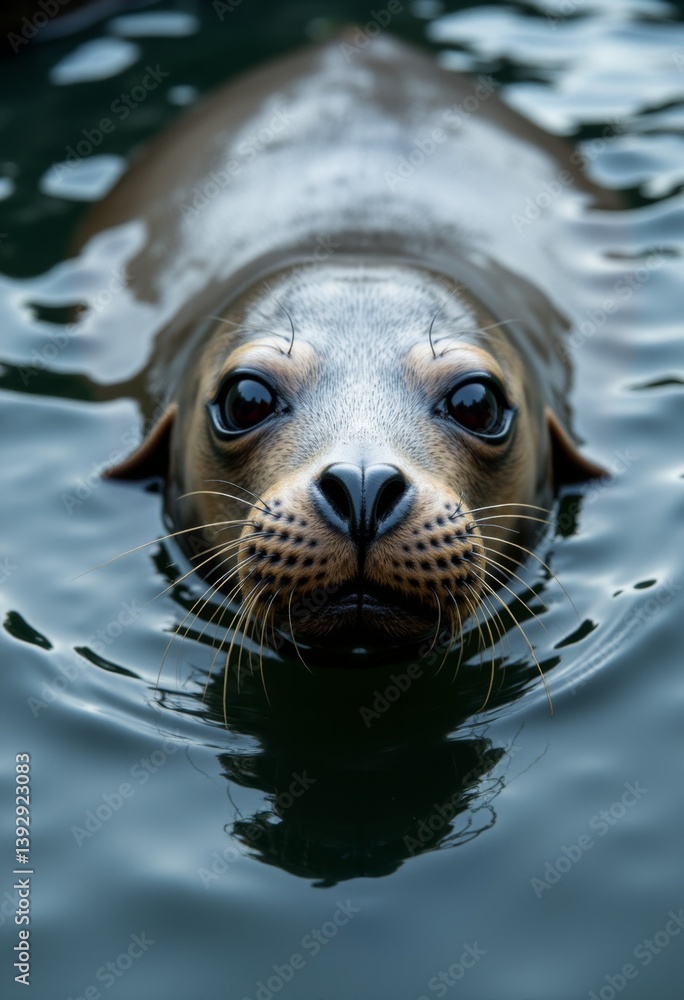 Fototapeta premium a sea lion swimming in the water with its head above the surface, its fur glistening in the sunlight Its eyes are wide open, giving it a curious and inquisitive lo