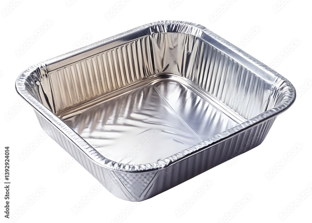 Obraz premium Empty aluminum foil tray isolated on white background, ideal for food packaging, storage, and catering visuals