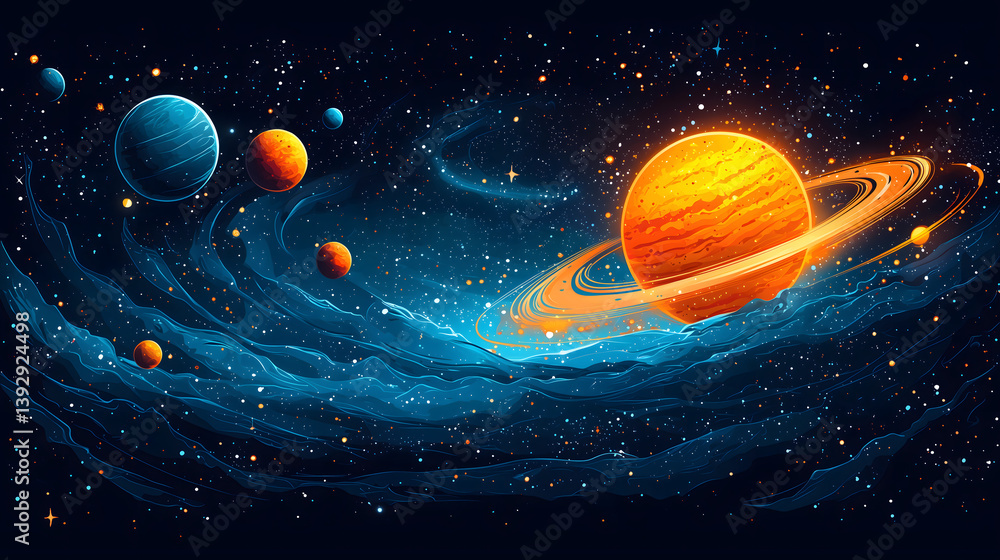 Naklejka premium Celestial dance of planets in a vivid starry sky digital art cosmic environment wide-angle view